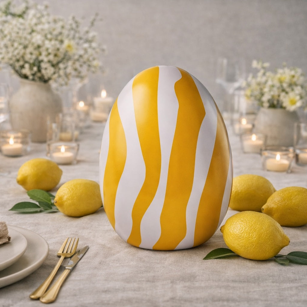 Decorative yellow and white striped egg on a table with lemons and candles