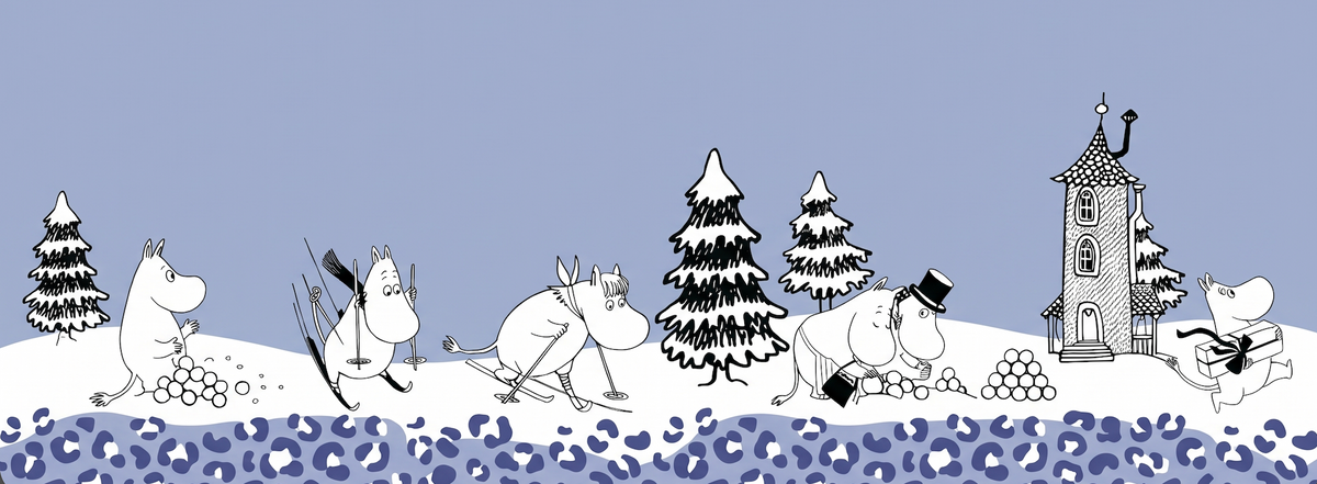 Moomin valley Winter Christmas scene of the moomins playing in the snow.