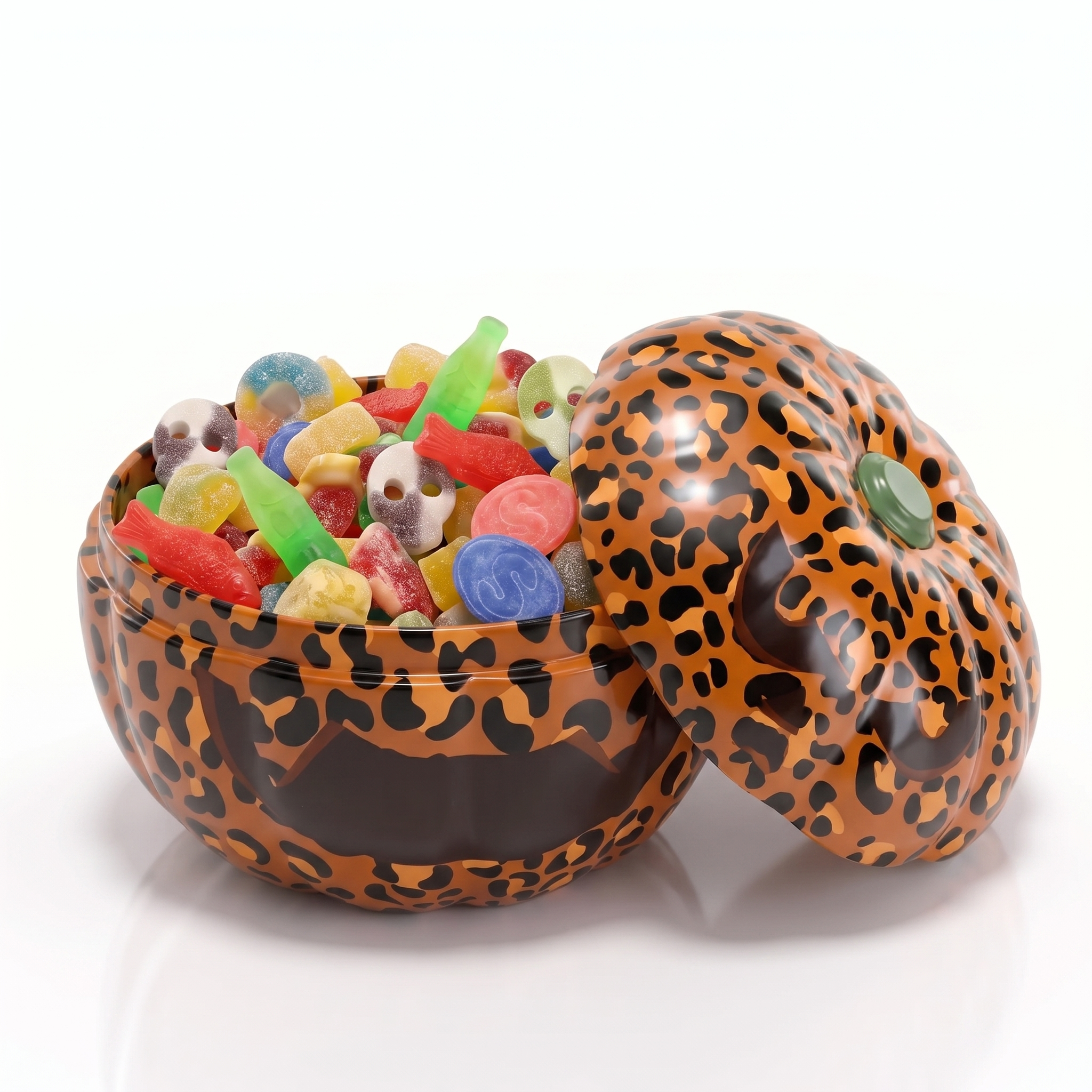 A Halloween-themed tin pumpkin with a glossy orange and black leopard print lid leaning against the open jar, filled with assorted colorful swedish gummy candies, on a clean white background.