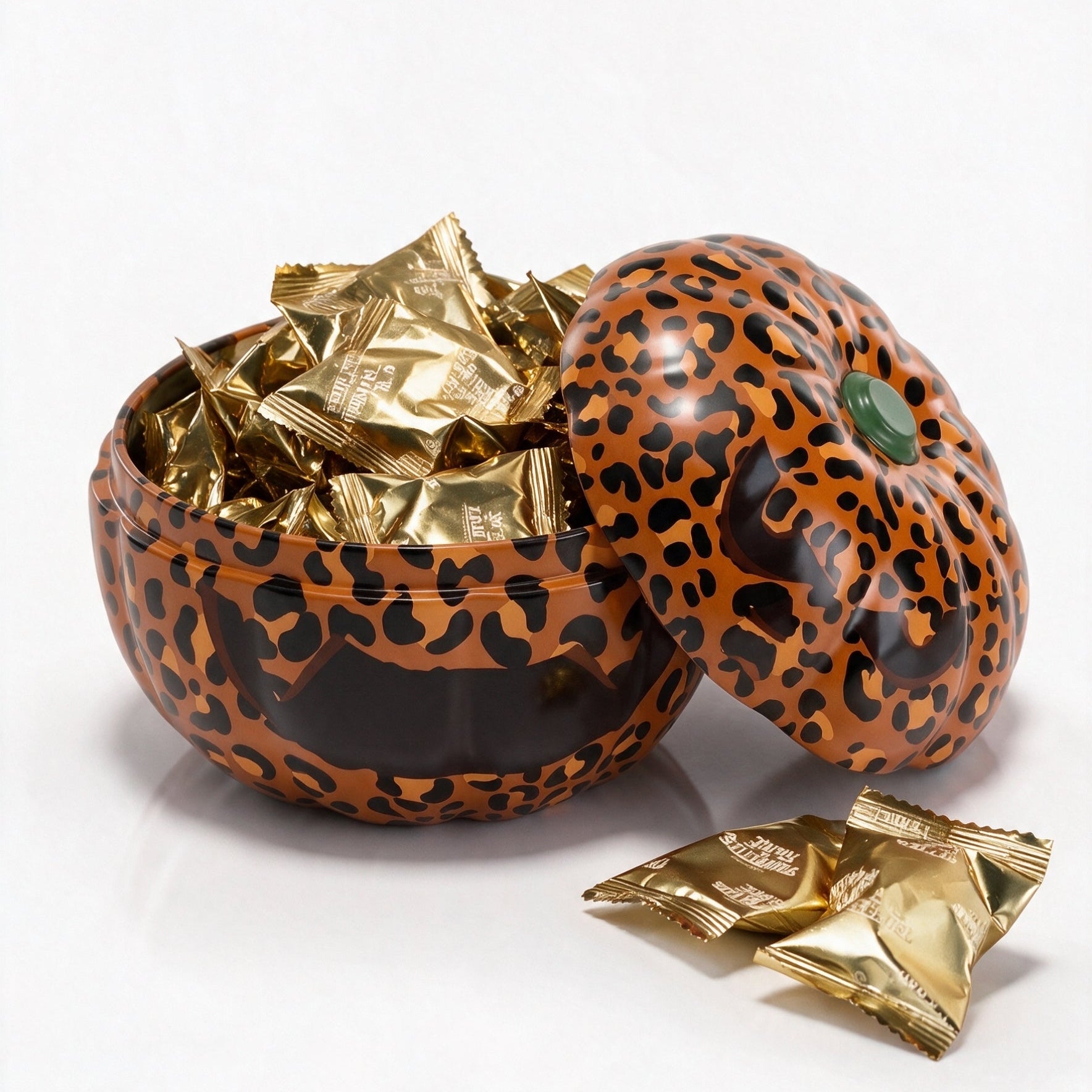 A decorative pumpkin-shaped tin with a leopard print pattern in orange and black, with a spooky pumpkin face. It is filled with gold foil wrapped chocolate truffles. The lid sits propped open on the right, and two more gold foil truffles rest in the foreground on a clean white background.