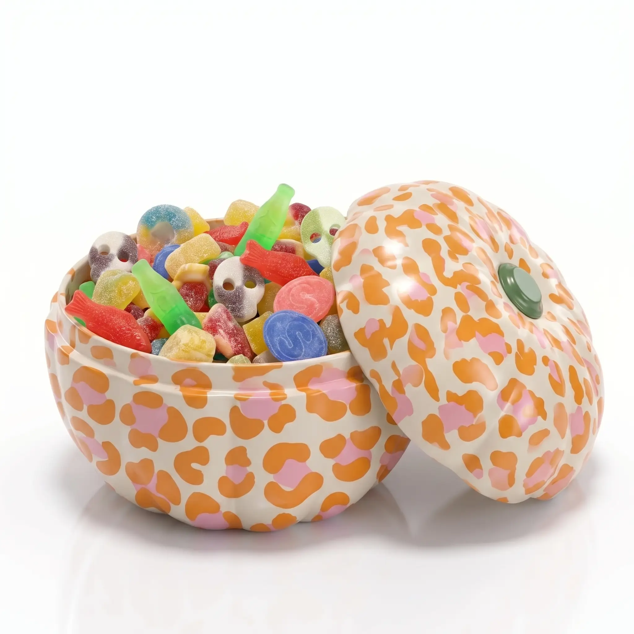 A decorative pumpkin-shaped candy tin with a matching lid, featuring an orange and pink leopard print pattern on a cream background. The dish is filled with assorted colorful Swedish gummy candies and is photographed on a clean white background.