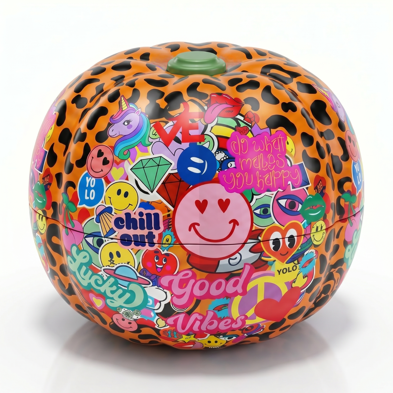 Vätte reusable tin pumpkin, patterned with orange and black leopard print, and colorful child appropriate graffiti, logos and slogans.